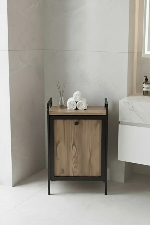 Metal Ahşap Banyo Düzenleyici Çamaşır Sepeti - Kirli Sepeti Ahşap Banyo Dolabı - Banyo Rafı